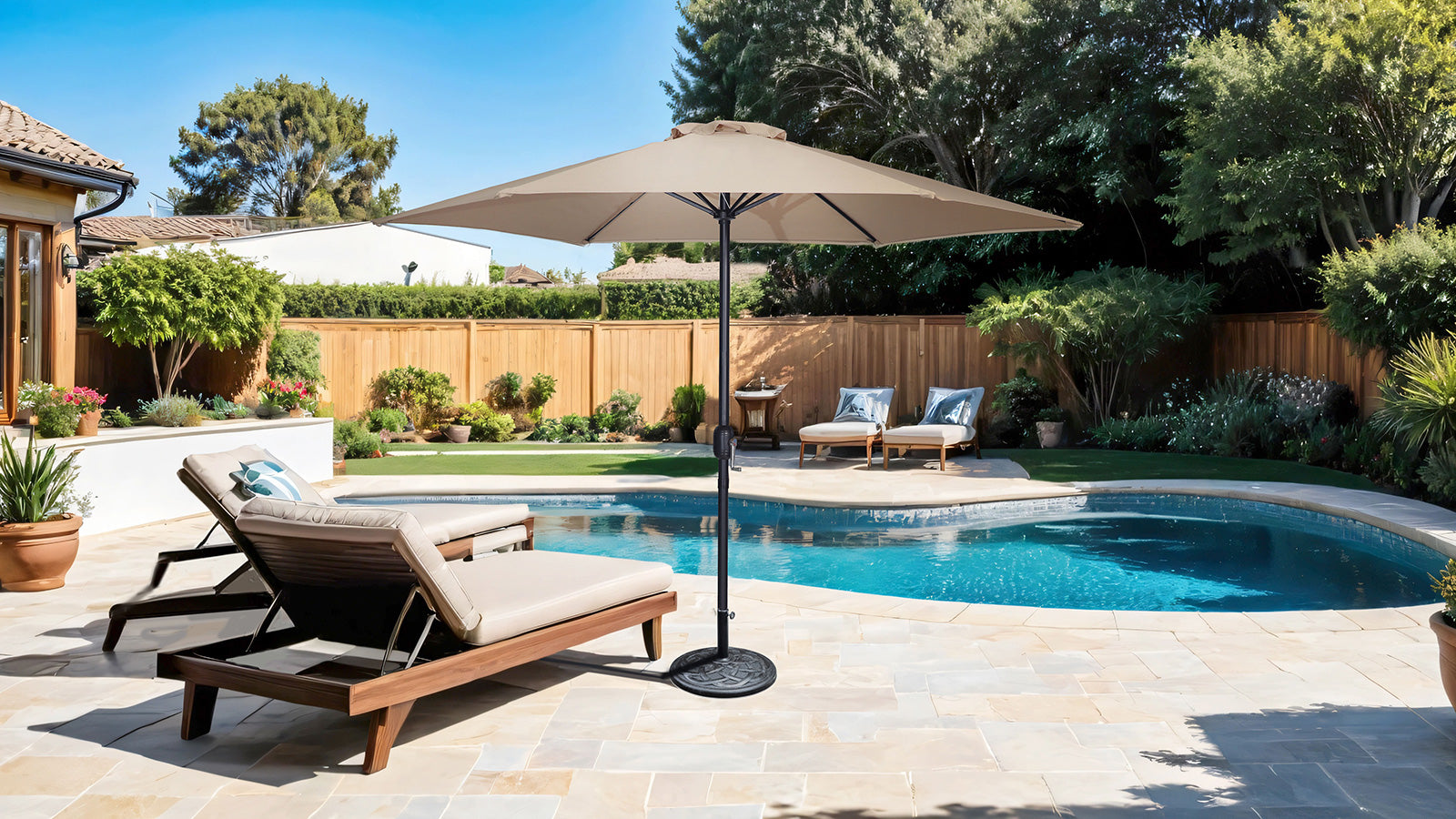 LALI - 9' Outdoor Umbrella, Tan + Base - LA-A027BG+BASE