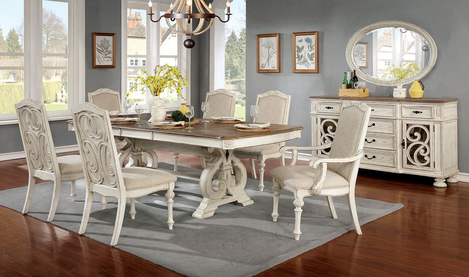ARCADIA - 9 Pc. Dining Table Set (2AC+6SC) - CM3150WH-T-9PC