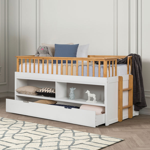 MCPHERSON - Twin Captain Bed w/ Trundle, White/Oak - FM-BK104WH-T-BED