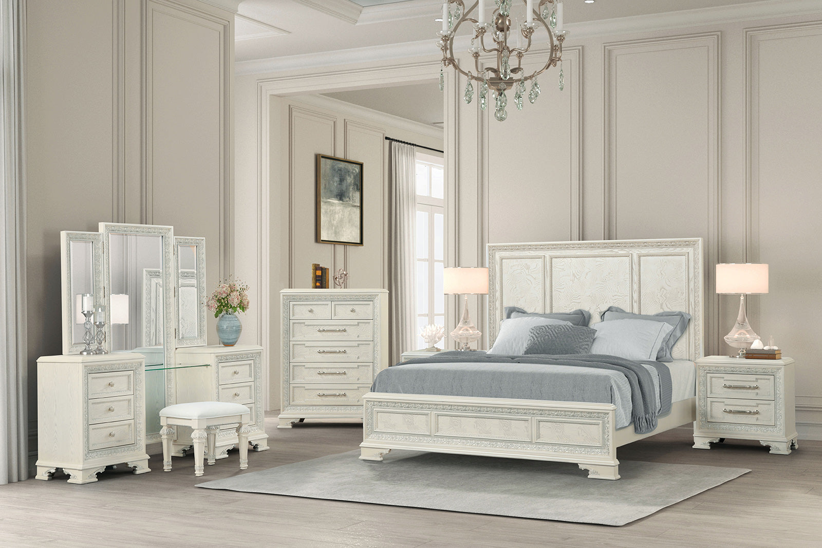 STELLA MIA - Vanity Set w/ Stool, Creamy White - FM70000WH-V-SET