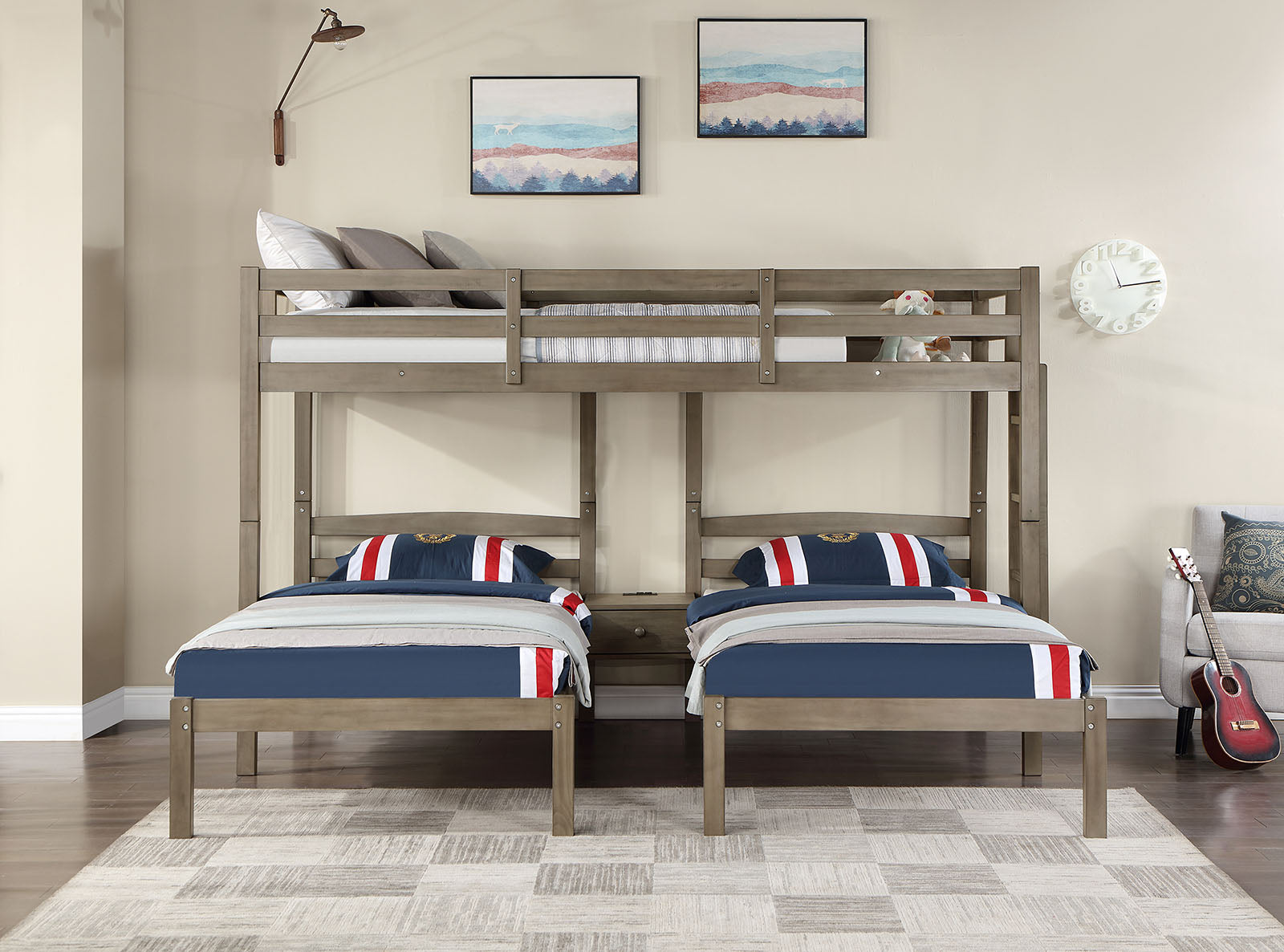 HORTENSE - Triple Twin Bunk Bed, Warm Gray - FOA-BK659GY-BED