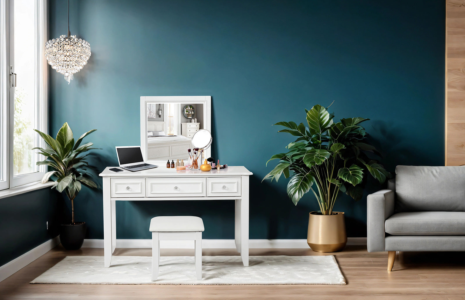 NAUCALPAN - Vanity Set w/ Stool - FM7456WH-V-SET