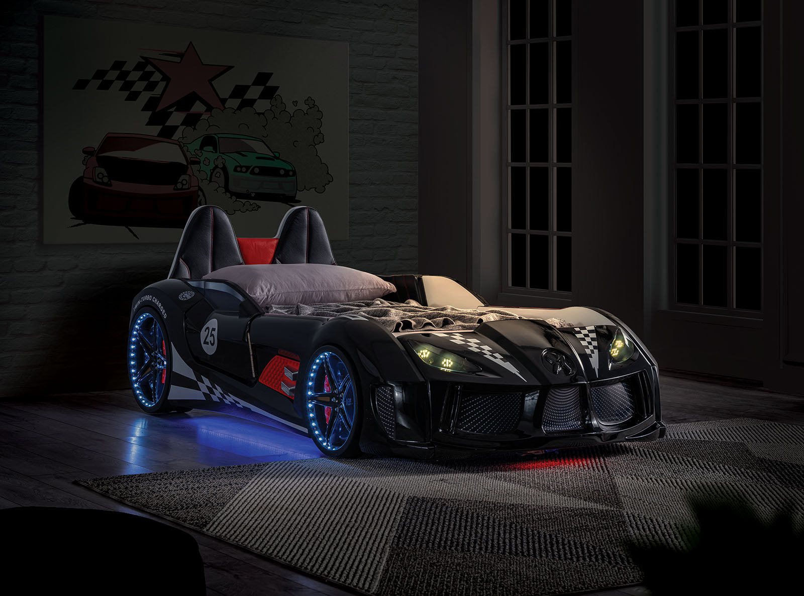 TRACKSTER - Twin Car Bed, Black - FOA7723BK-BED