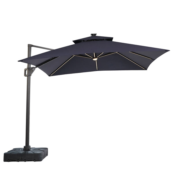 SANO - 10' SQ Umbrella, Double Top, LED Bulb + Control, Navy + Base - LA-A015BL+BASE