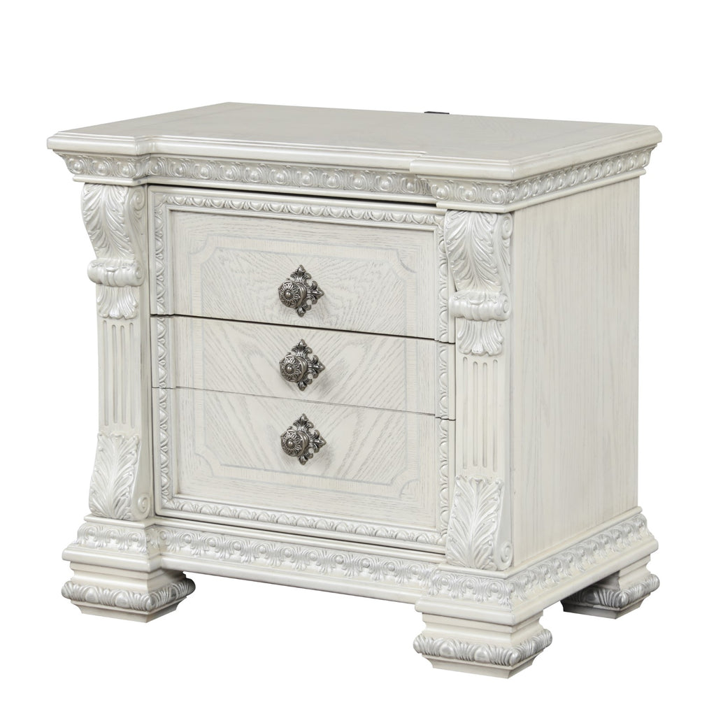PROMENADE - Nightstand w/ Hidden Drawer USB A-C, Wire Brushed White - FM70001WH-N