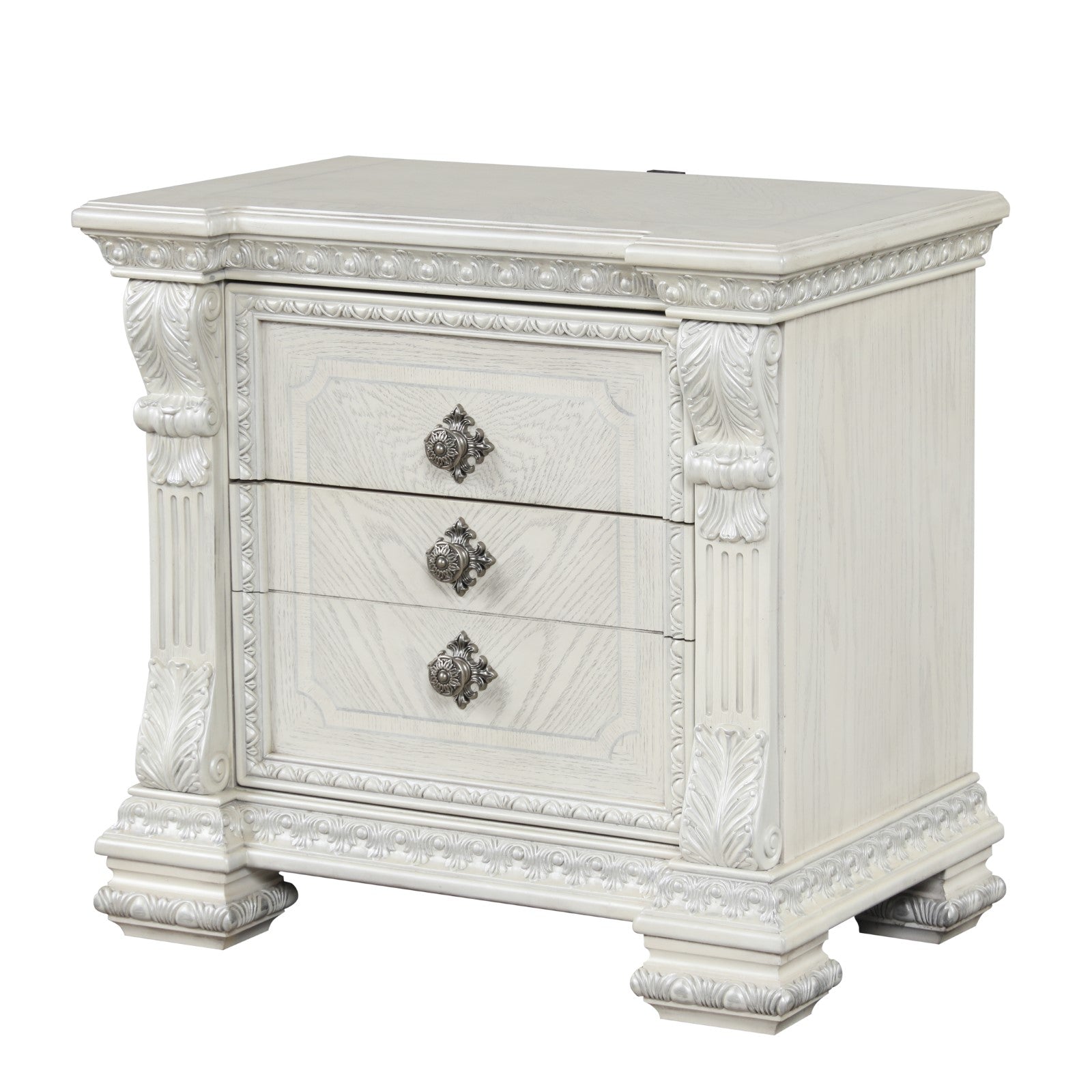 PROMENADE - Nightstand w/ Hidden Drawer USB A-C, Wire Brushed White - FM70001WH-N