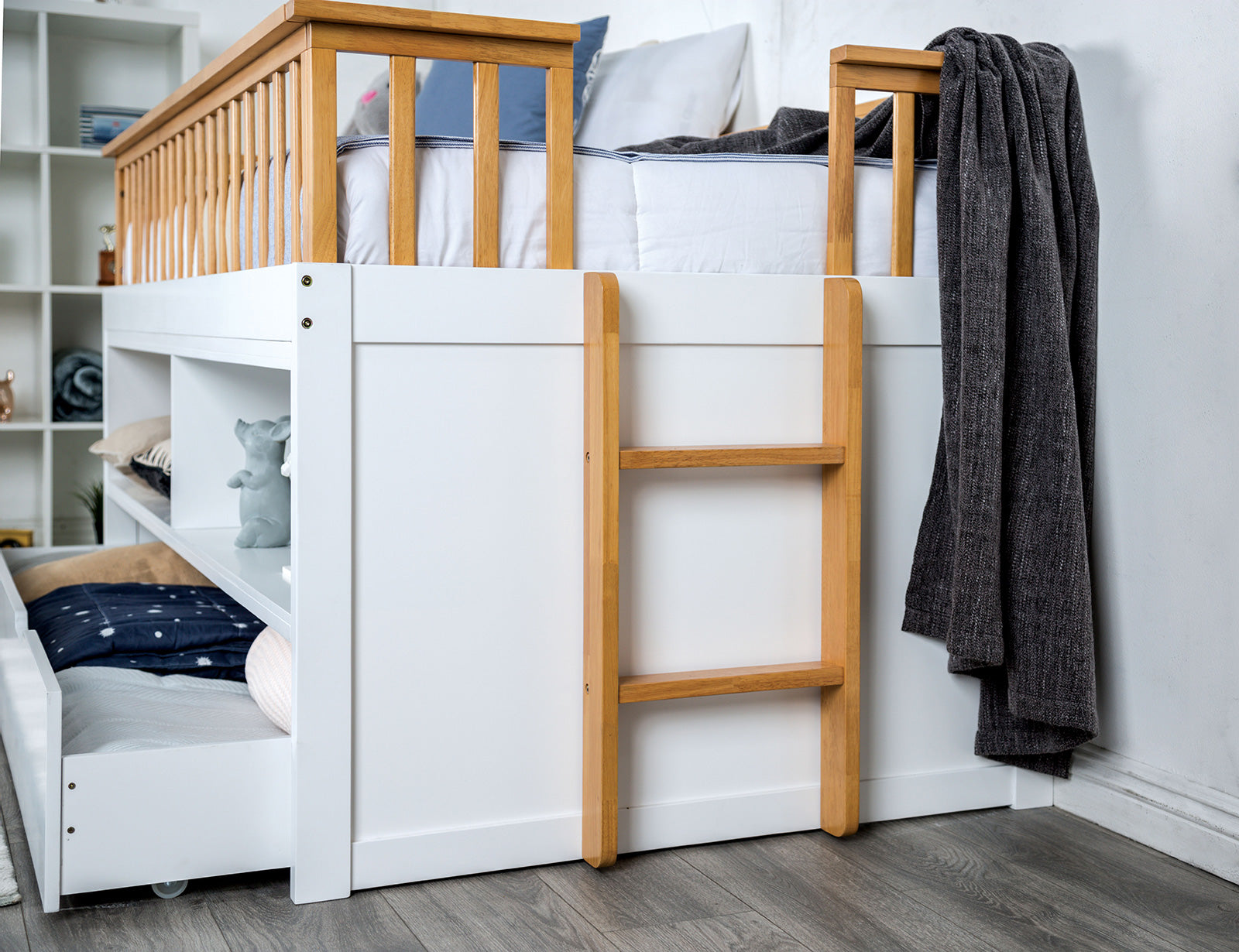 MCPHERSON - Twin Captain Bed w/ Trundle, White/Oak - FM-BK104WH-T-BED
