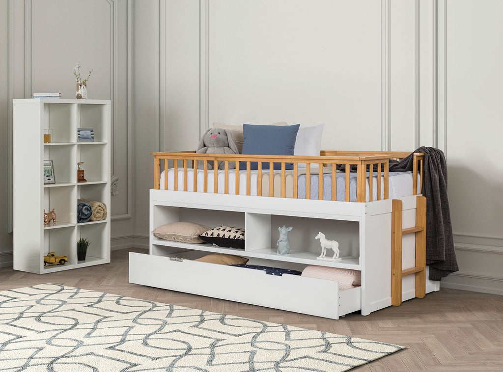 MCPHERSON - Twin Captain Bed w/ Trundle, White/Oak - FM-BK104WH-T-BED