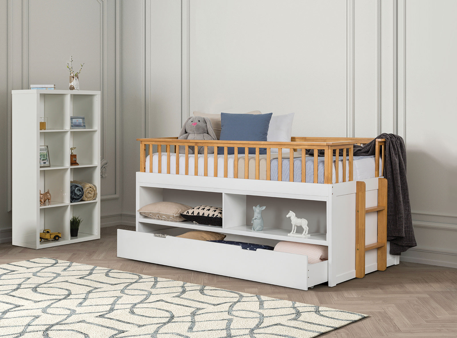 MCPHERSON - Twin Captain Bed w/ Trundle, White/Oak - FM-BK104WH-T-BED