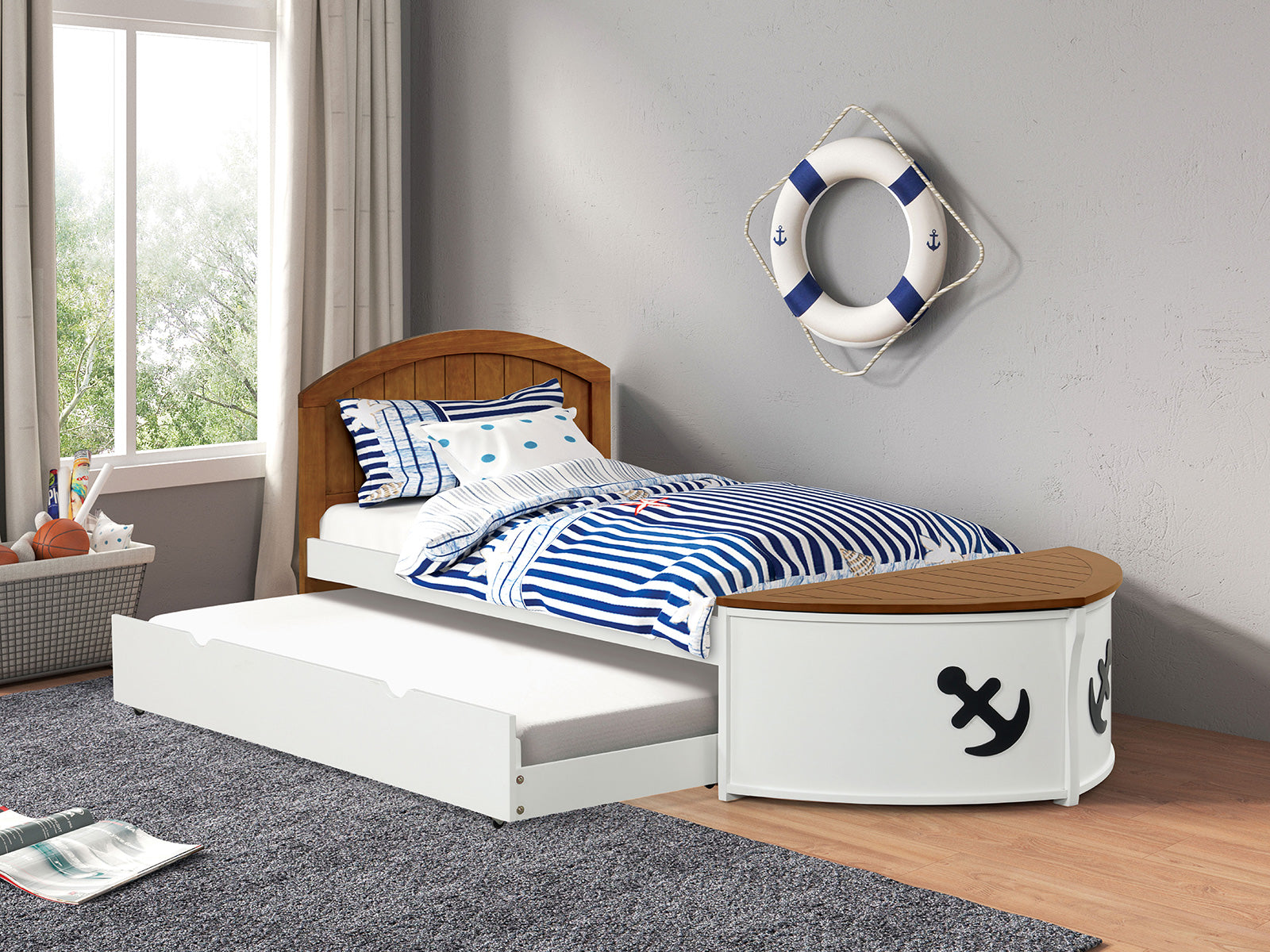 POSEIDON - Twin Captain Bed w/ Trundle, White/Oak - FM7629AK-T-BED+TR
