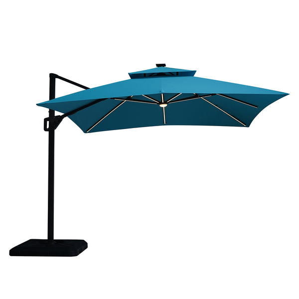 SANO - 10' SQ Umbrella, Double Top, LED Bulb + Control, Teal + Base - LA-A015TL+BASE