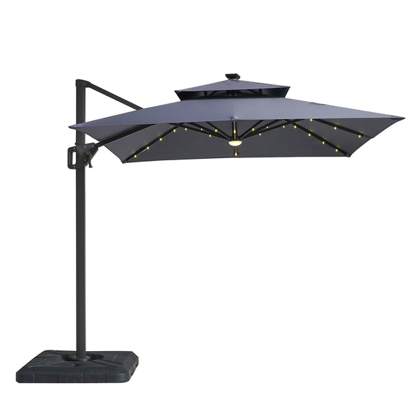 XICO - 8' SQ Umbrella, Double Top, LED Light + Control, Gray + Base - LA-A030GY+BASE