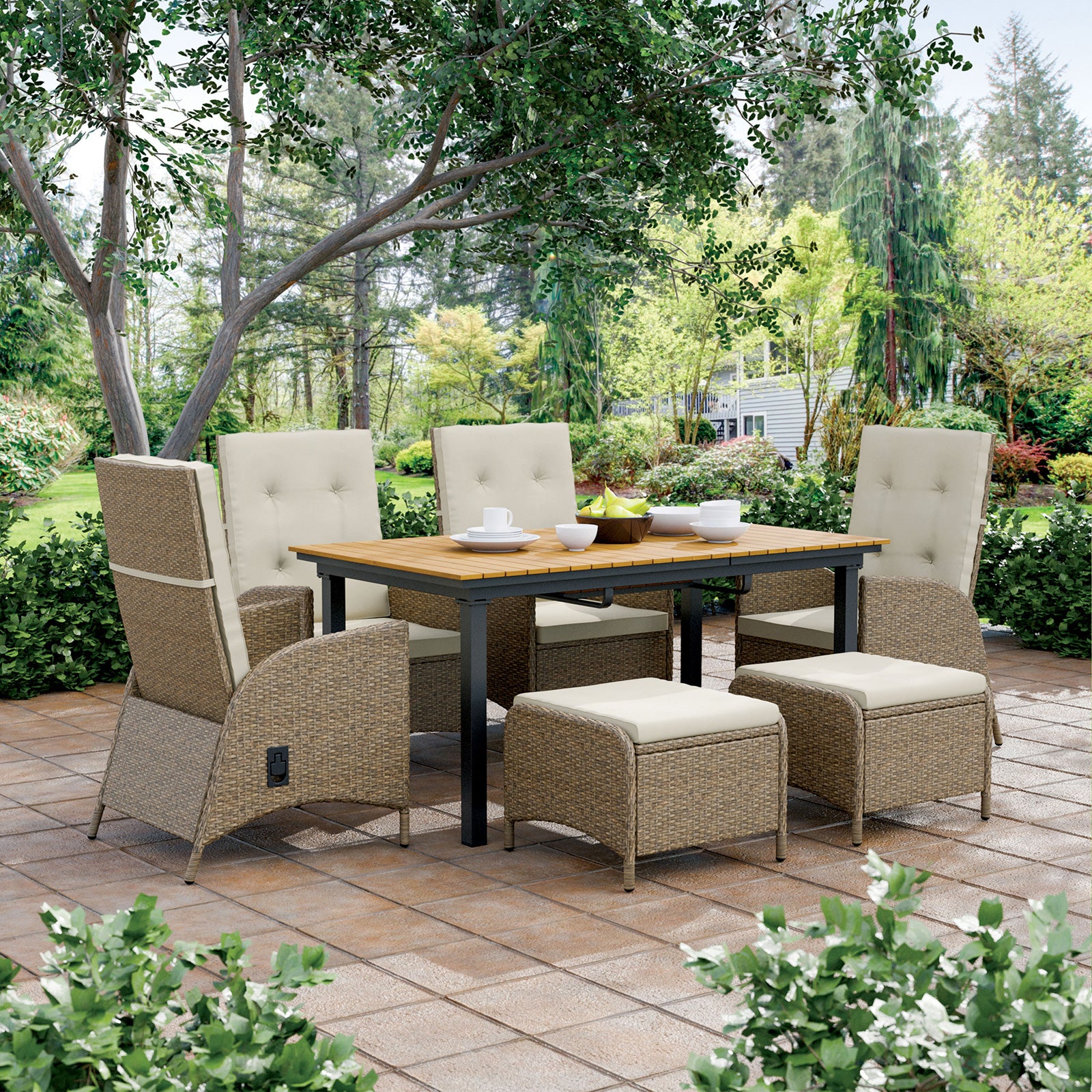 MACKAY - 2 Reclining Chairs + 2 Ottomans, Beige/Natural Teak - GM-2002-4PC