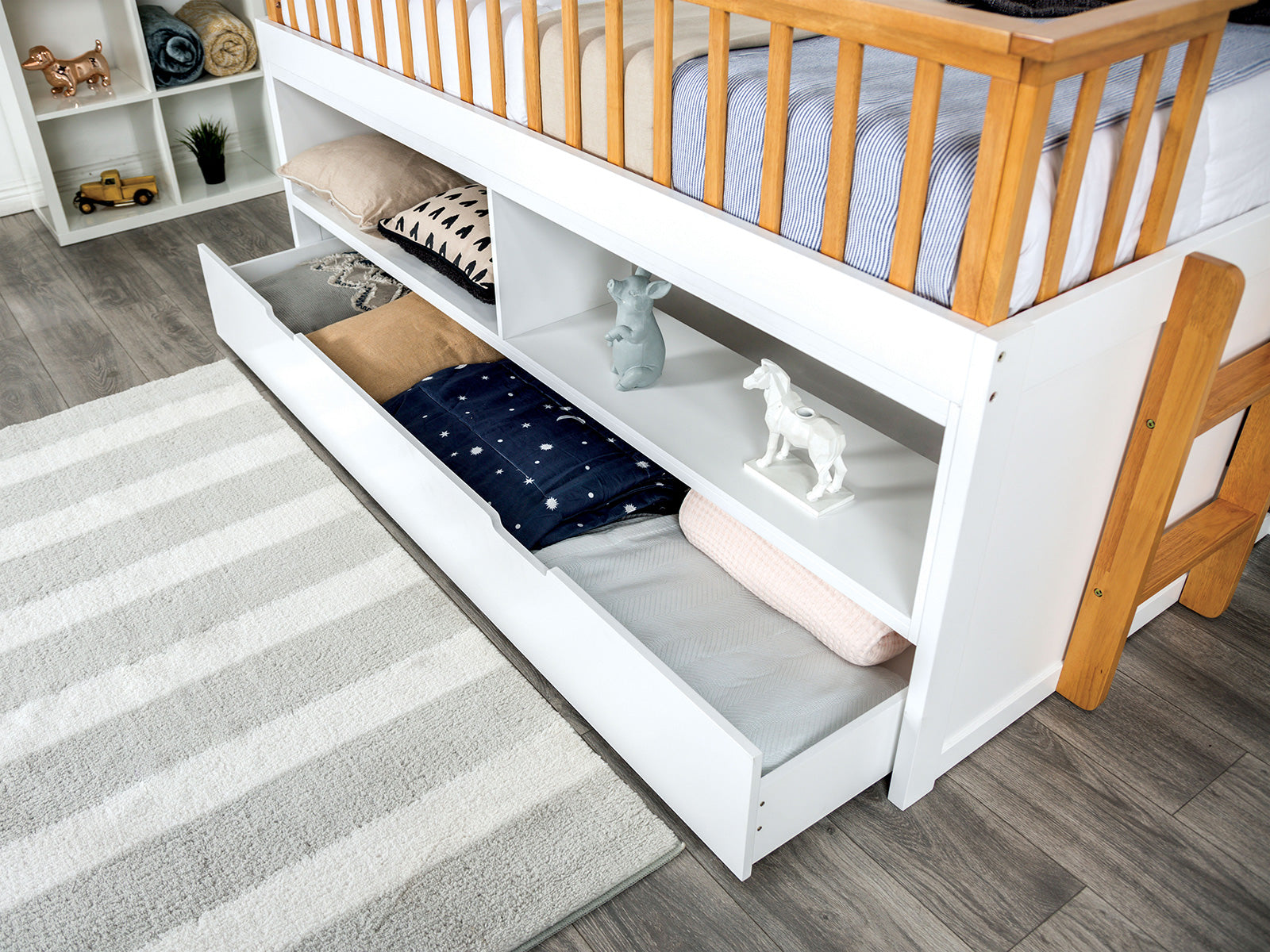 MCPHERSON - Twin Captain Bed w/ Trundle, White/Oak - FM-BK104WH-T-BED