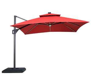 SANO - 10' SQ Umbrella, Double Top, LED Bulb + Control, Red + Base - LA-A015RD+BASE