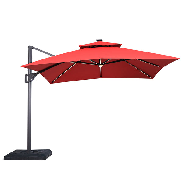SANO - 10' SQ Umbrella, Double Top, LED Bulb + Control, Red + Base - LA-A015RD+BASE