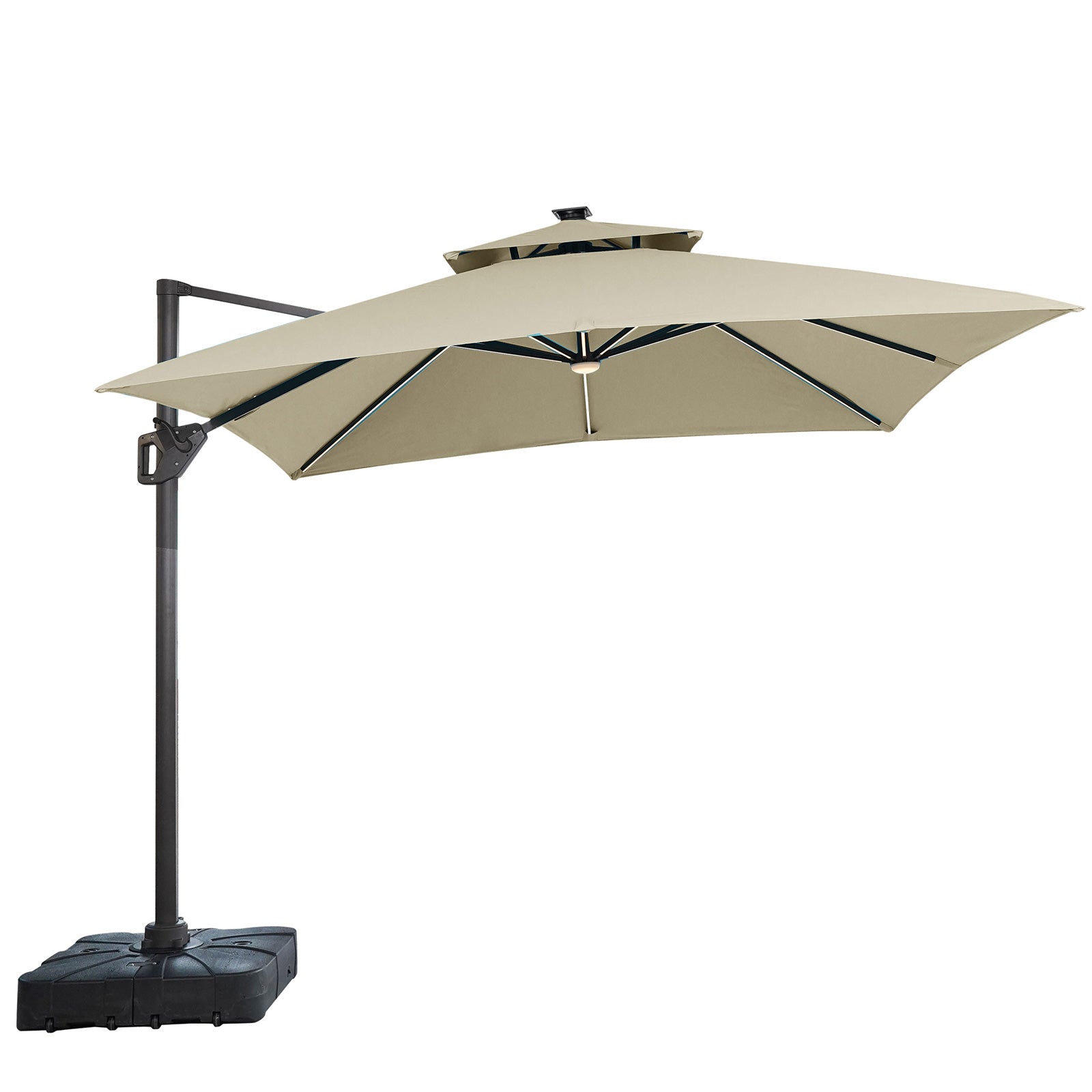 SANO - 10' SQ Umbrella, Double Top, LED Bulb + Control, Tan + Base - LA-A015BG+BASE