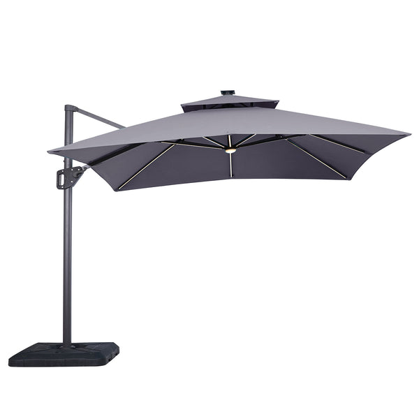 SANO - 10' SQ Umbrella, Double Top, LED Bulb + Control, Gray + Base - LA-A015GY+BASE