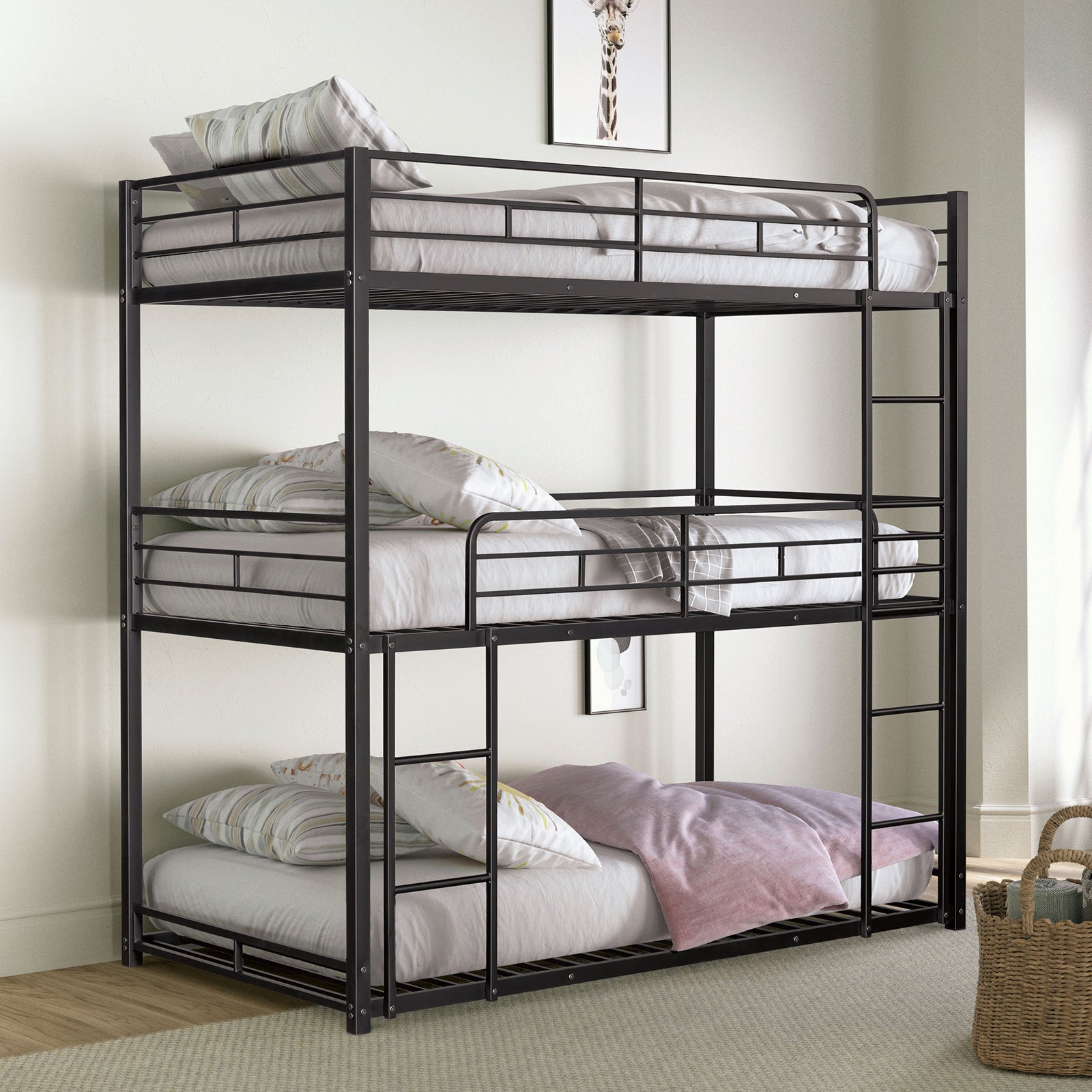 FELGU - Triple Twin Metal Bunk Bed, Black - FM-BK909BK-T-BED