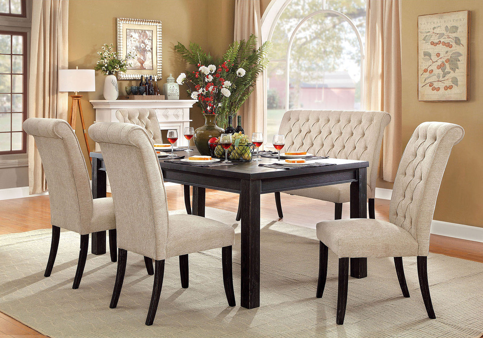 SANIA - Table + 4 Chairs + 2-Seater Bench - CM3324BK-T-6PC-BN