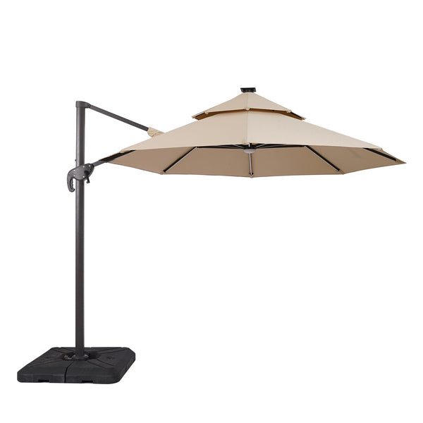 FERA - 10' Round Umbrella, LED Bulb, Tan + Base - LA-A032BG+BASE